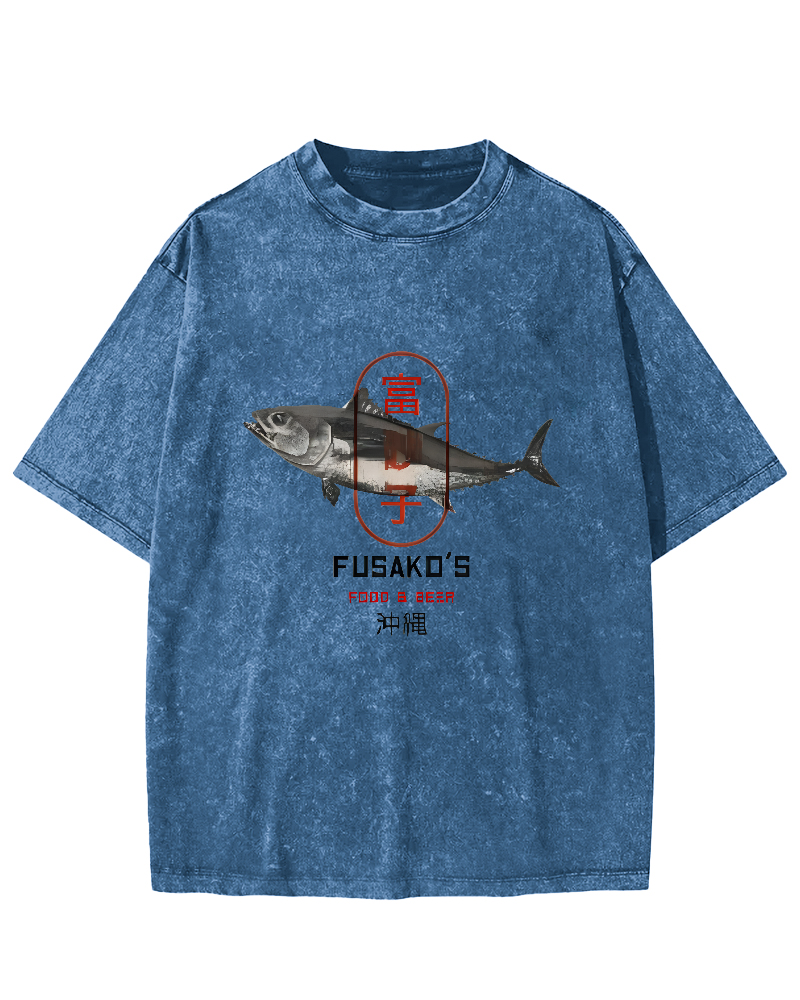 Seafood Market Japanese Washed T-shirts-Zazasy