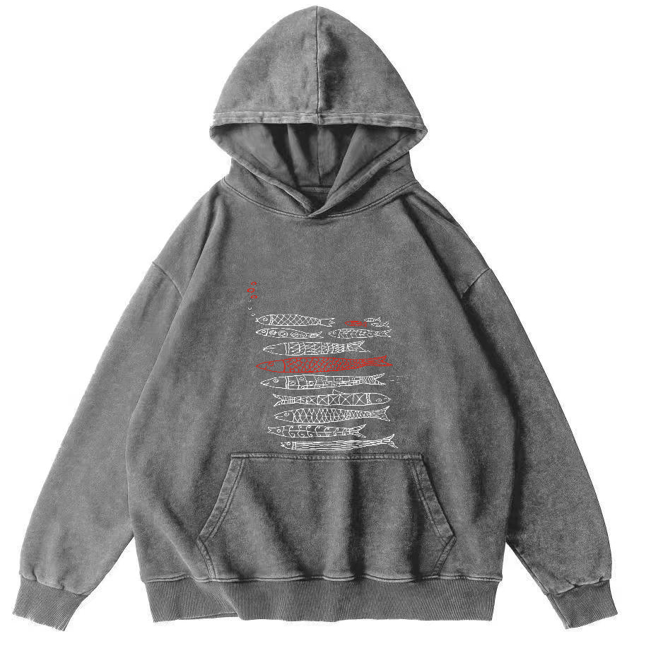 Retro Fish Pattern Vintage Distressed Hoodie-Zazasy