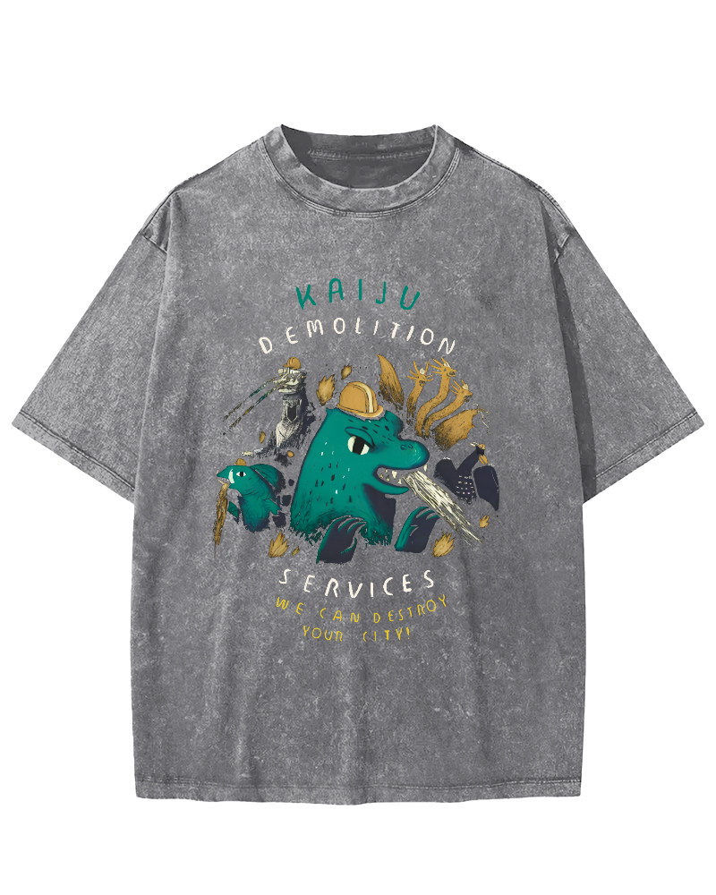 Cartoon Dinosaur Leisure Vintage Washed T-shirt-Zazasy