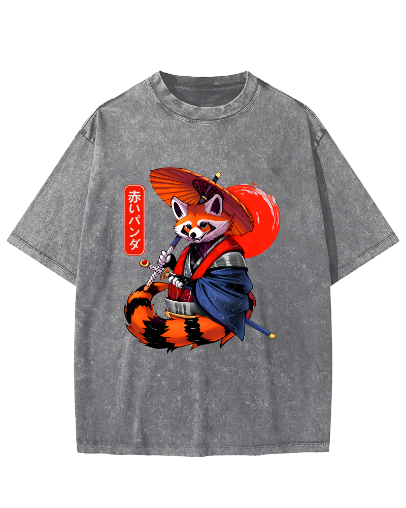 Japanese Red Fox Warrior Vintage Washed T-shirt-Zazasy