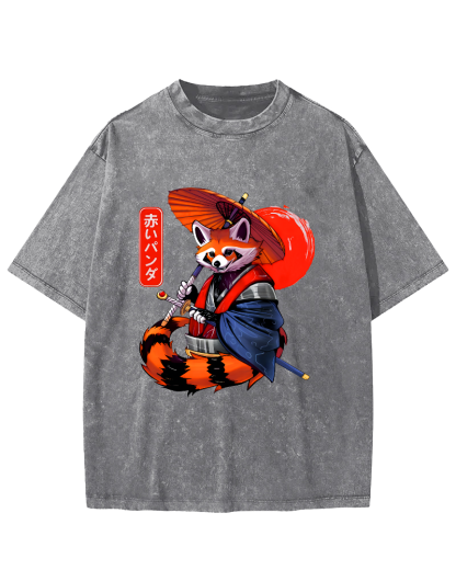 Japanese Red Fox Warrior Vintage Washed T-shirt-Zazasy