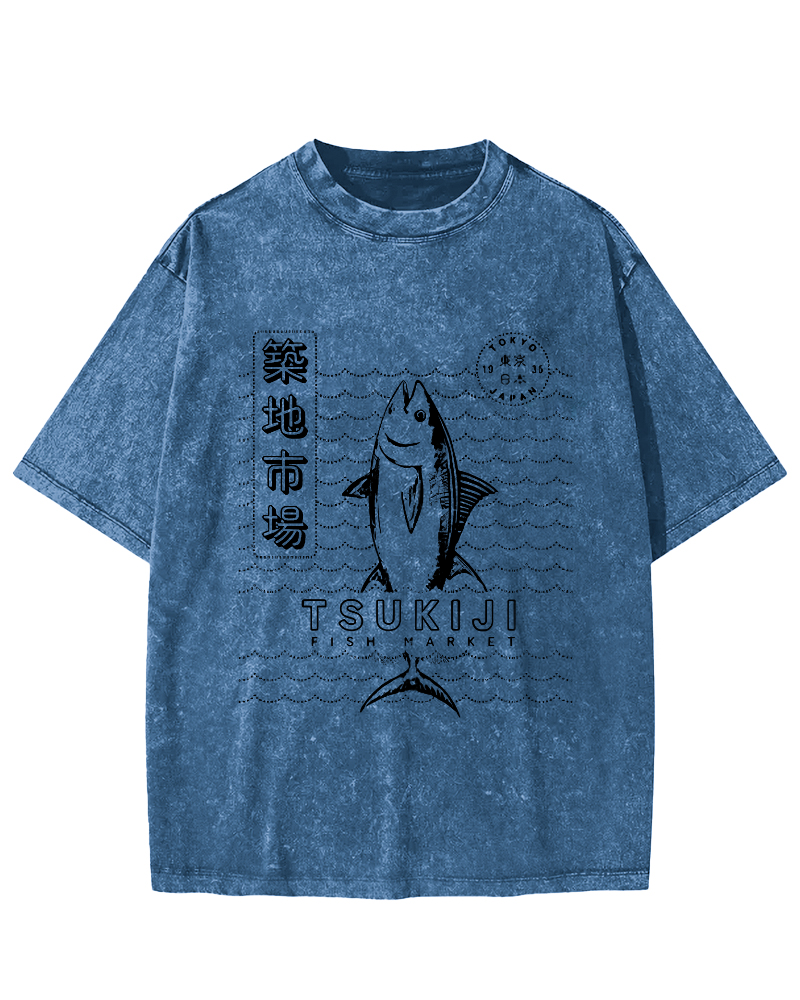 Tuna at Tsukiji Market in Tokyo, Japan Vintage Washed T-shirt-Zazasy
