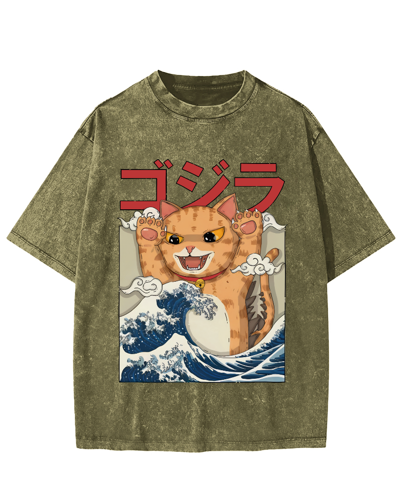 Cat in the Waves, Japanese Style Vintage Washed T-shirt-Zazasy