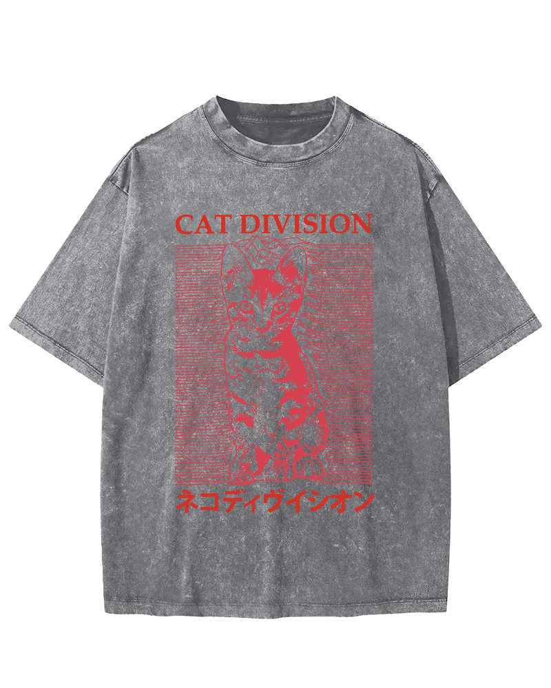 Cat Division Japanese Vintage Washed T-shirt-Zazasy