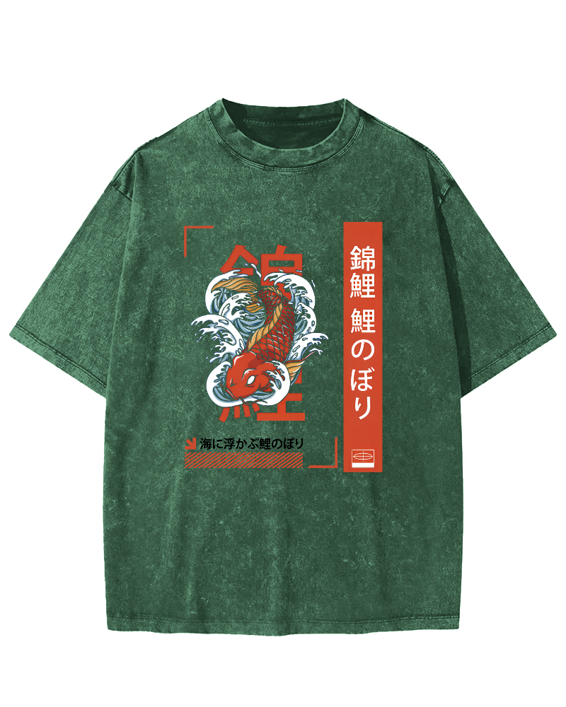 Japanese Script Koi Pattern Vintage Distressed T-shirt-Zazasy