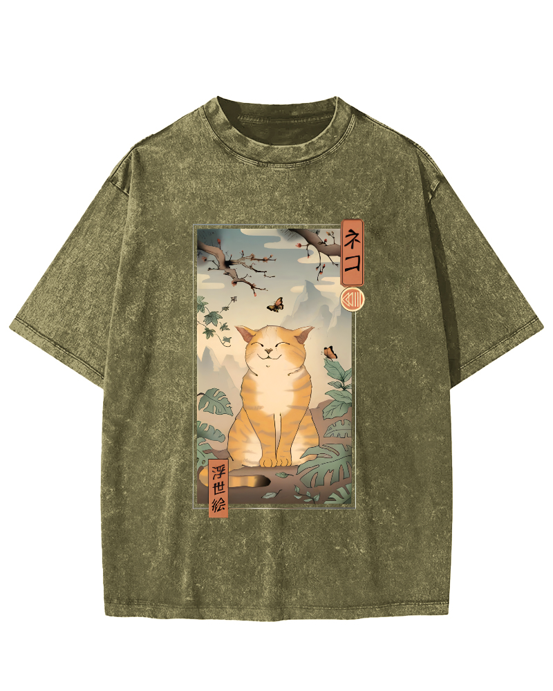 Cute and Lazy Cat Japanese Style Vintage Distressed T-shirt-Zazasy