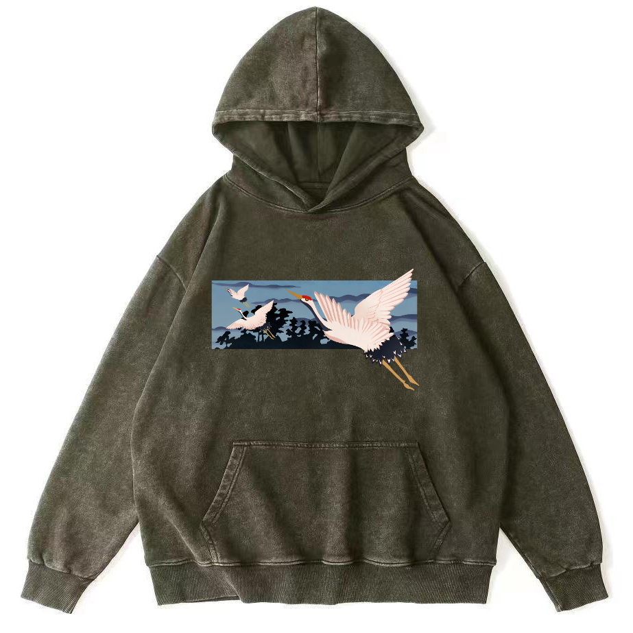 Idle Clouds, Wild Cranes, Japanese Style Vintage Washed Hoodie-Zazasy