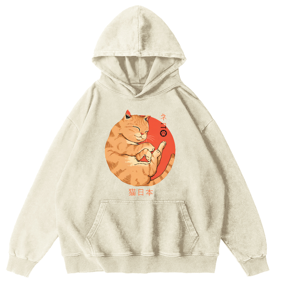Lazy Japanese Cat Vintage Distressed Hoodie-Zazasy