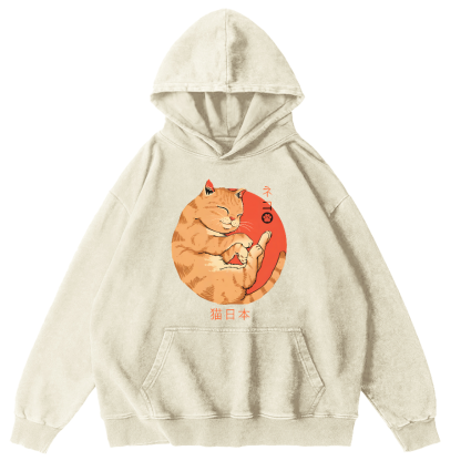 Lazy Japanese Cat Vintage Distressed Hoodie-Zazasy