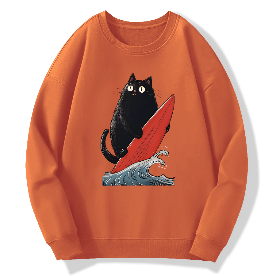 Black Cat Surfer Cotton Pullover Sweatshirt