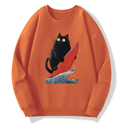 Black Cat Surfer Cotton Pullover Sweatshirt