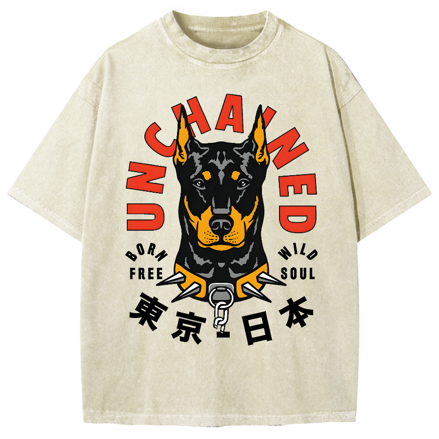 Doberman Pinscher Dog with Unchained Vintage Washed T-shirt