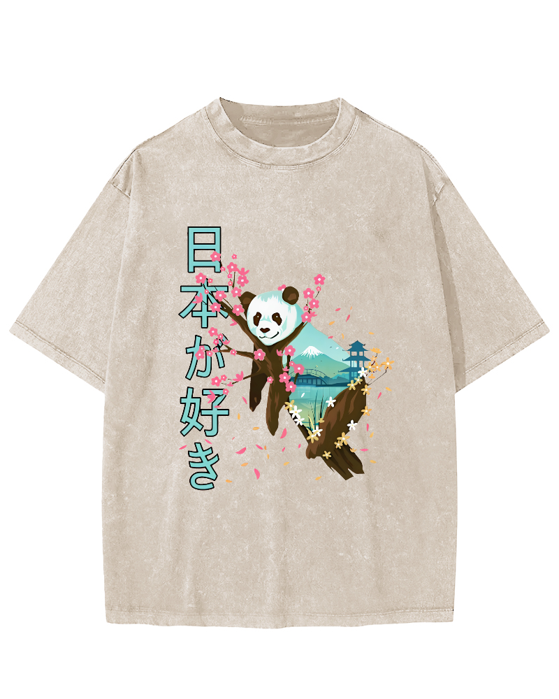 Cute Panda Japanese Style Vintage Washed T-shirt-Zazasy