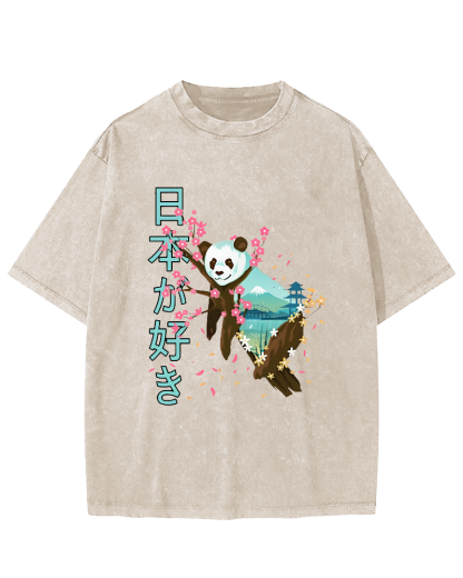 Cute Panda Japanese Style Vintage Washed T-shirt-Zazasy