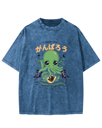 Japanese Lucky Octopus Pattern Vintage Distressed T-shirt-Zazasy