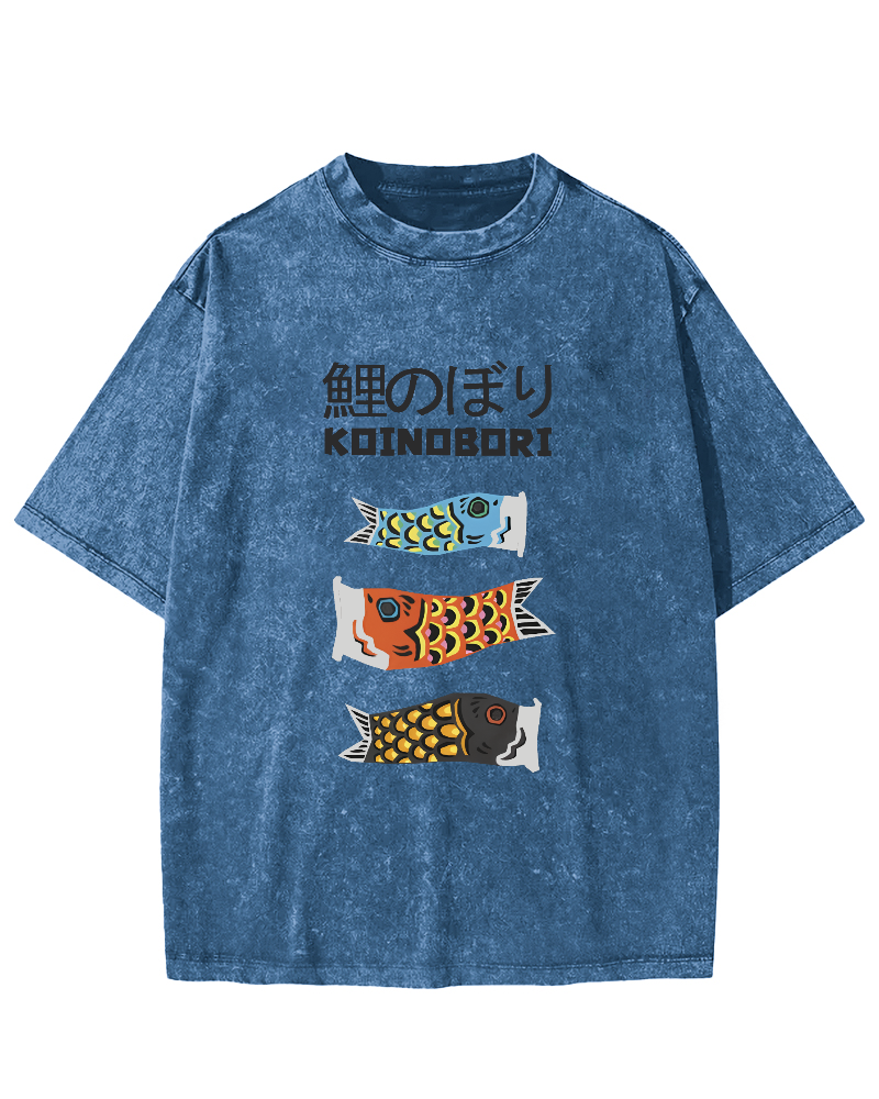 Cartoon Fish Painting Pattern Japanese Style Vintage Distressed T-shirt-Zazasy