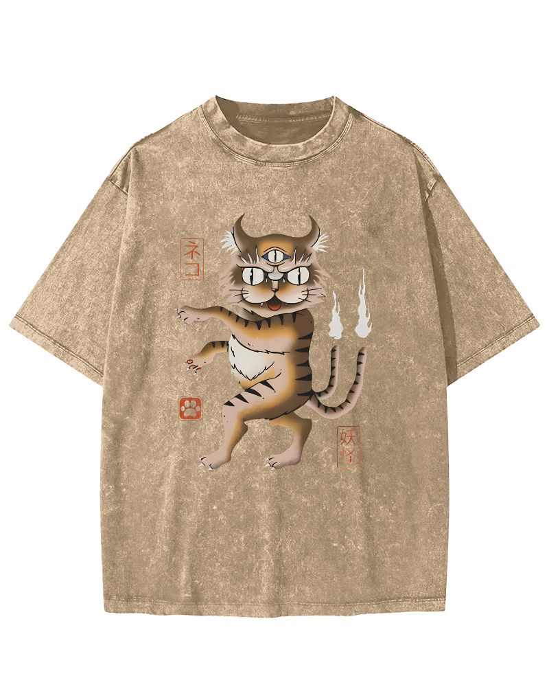 Cat Monster Japanese Vintage Washed T-shirt-Zazasy
