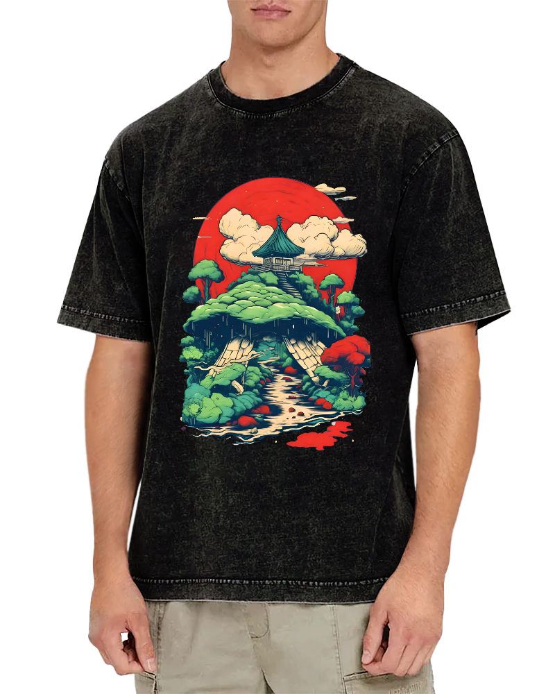 Japanese landscape Retro Style Vintage Washed T-shirt-Zazasy