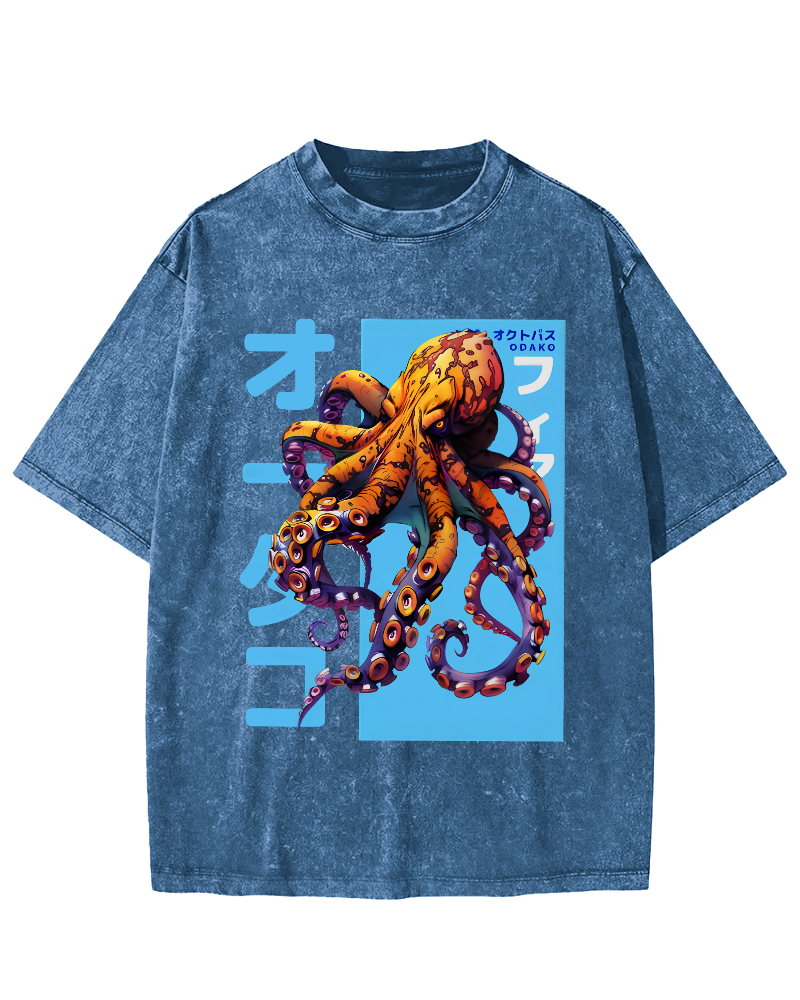 Octopus Monster Japanese Vintage Washed T-shirt-Zazasy