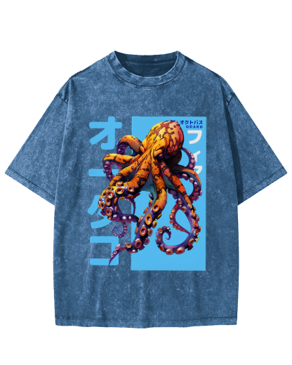 Octopus Monster Japanese Vintage Washed T-shirt-Zazasy