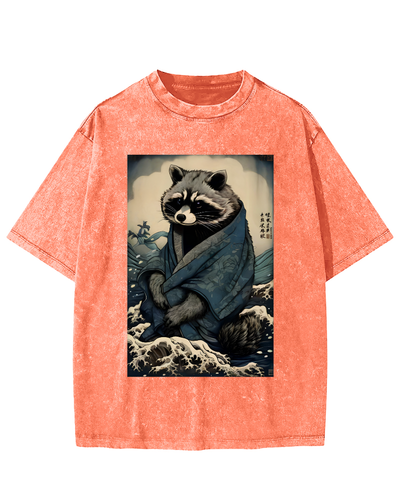 Raccoon in The Waves, Japanese Style Vintage Washed T-shirt-Zazasy
