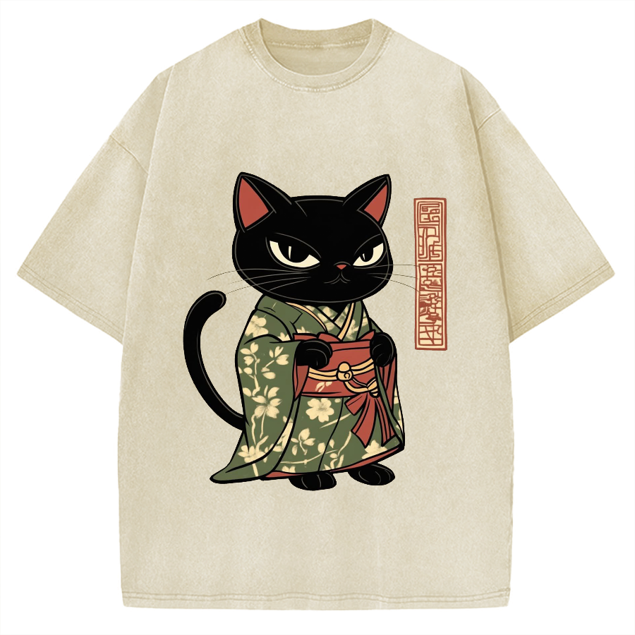 Japanese Cat Geisha Vintage Washed T-shirt