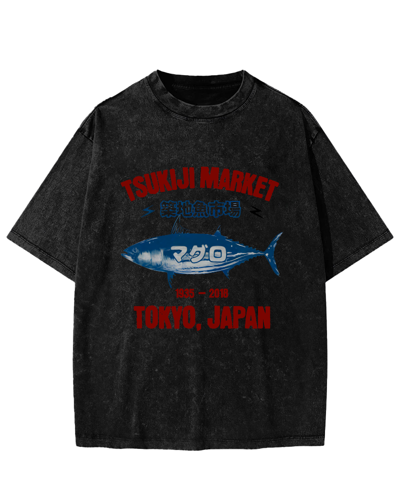 Japanese Tuna Pattern Vintage Distressed T-shirt-Zazasy