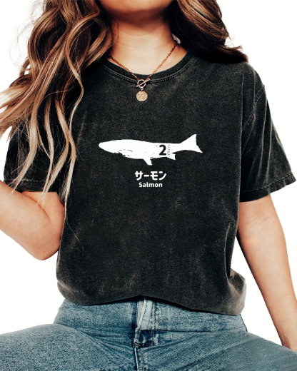 Japanese Script Shark Pattern Vintage Distressed T-shirt-Zazasy