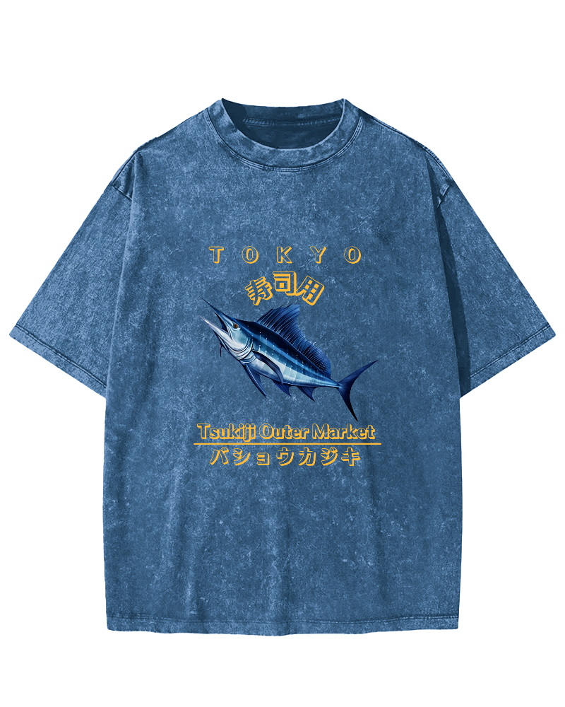 Japanese Sea Fish Sushi Vintage Distressed T-shirt-Zazasy