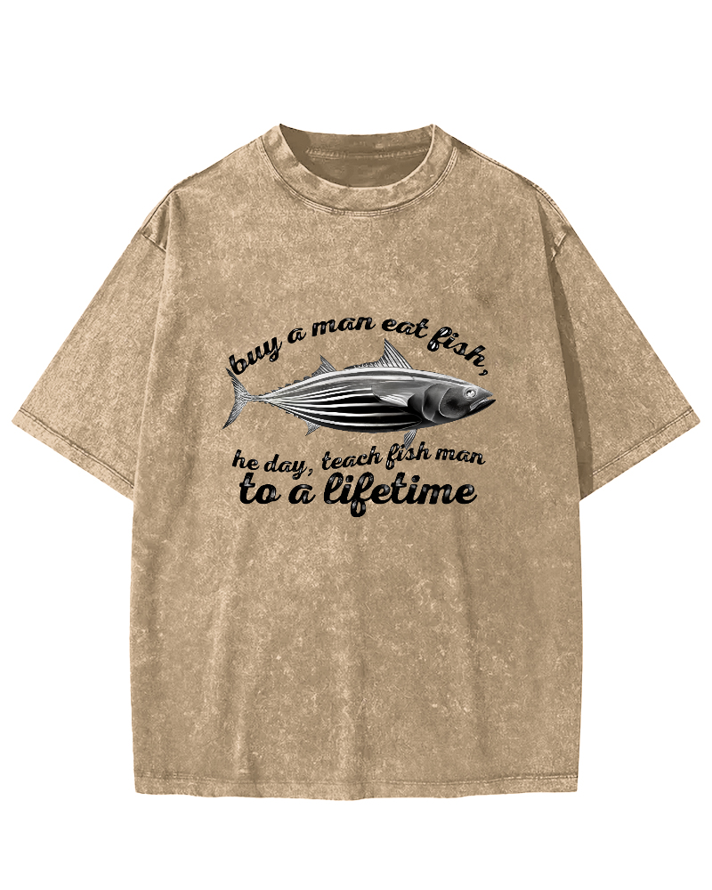 Sea Fish Pattern Vintage Distressed T-shirt-Zazasy