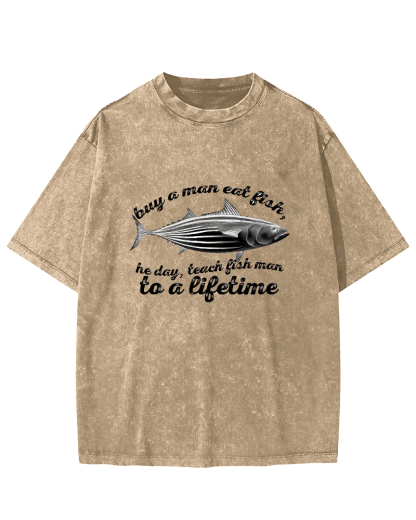 Sea Fish Pattern Vintage Distressed T-shirt-Zazasy
