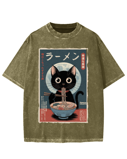 Black Cat Eating Ramen Vintage Washed T-shirt