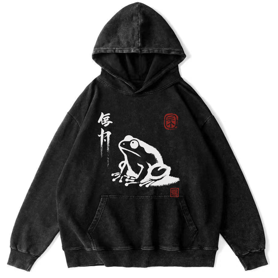 Frog Pattern Japanese Style Vintage Distressed Hoodie-Zazasy