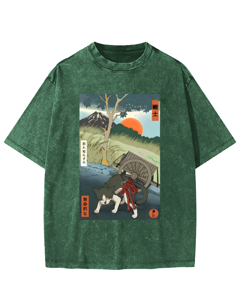The Spirit of Japanese Warriors Vintage Washed T-shirt-Zazasy