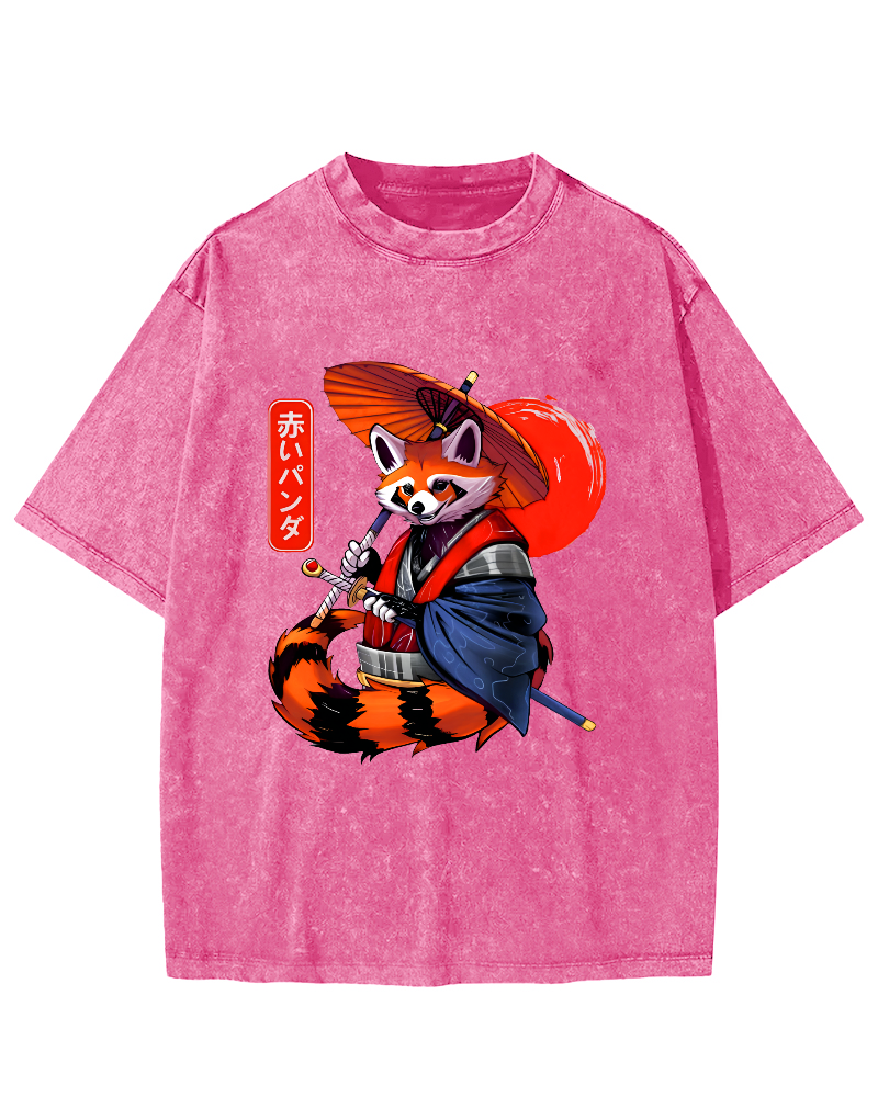 Japanese Red Fox Warrior Vintage Washed T-shirt-Zazasy