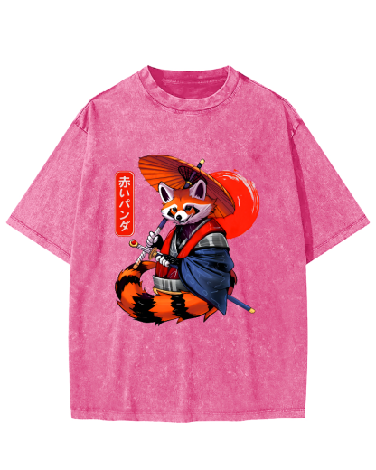 Japanese Red Fox Warrior Vintage Washed T-shirt-Zazasy