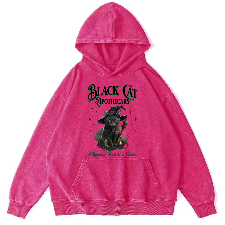Black Cat Vintage Washed Hoodie-Zazasy