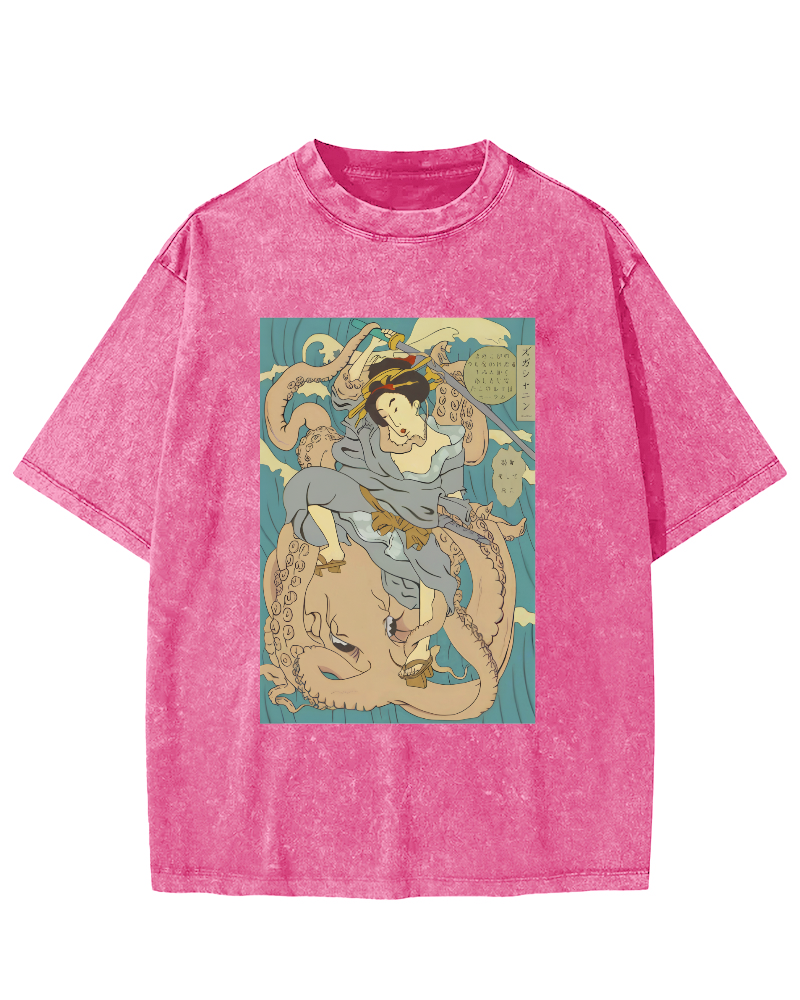 Ukiyo-i Japanese Women Vintage Washed T-shirt-Zazasy