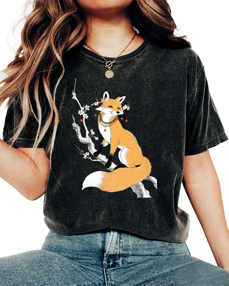 Fox Landscape Painting Japanese Style Vintage Washed T-shirt-Zazasy