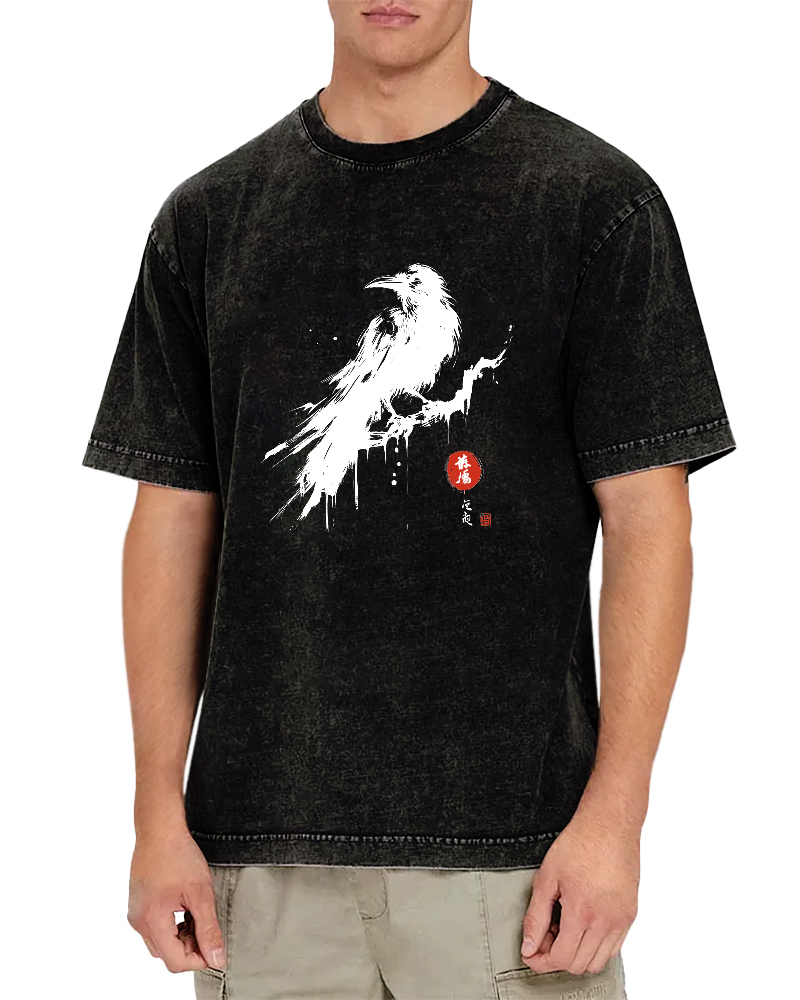 Crow Pattern Japanese Style Vintage Distressed T-shirt-Zazasy
