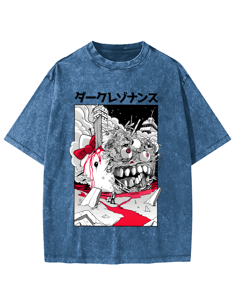 Japanese Abstract Cartoon Monsters Vintage Distressed T-shirt-Zazasy