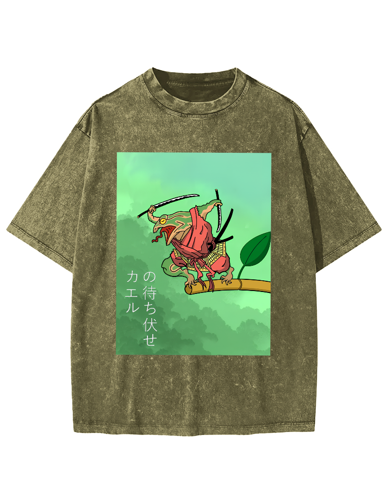 Frog Guardian Japanese Style Vintage Washed T-shirt-Zazasy