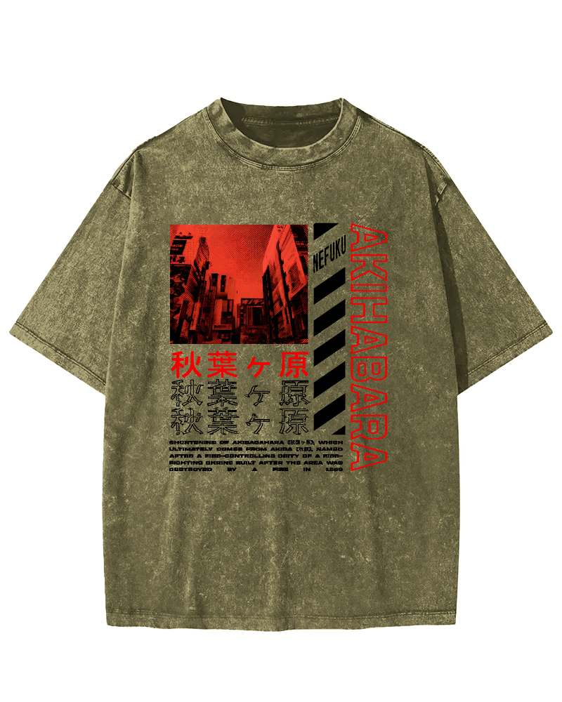 Akihabara Text Vintage Washed T-shirt-Zazasy