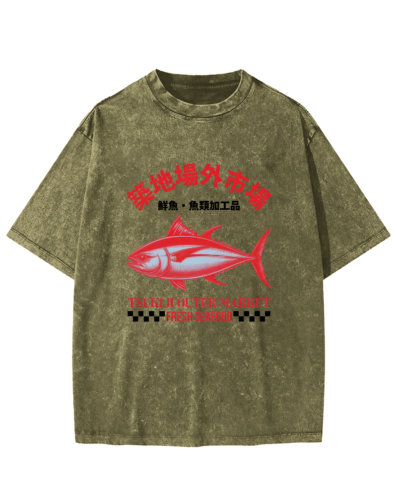 Japanese Sea Fish Script Vintage Distressed T-shirt-Zazasy