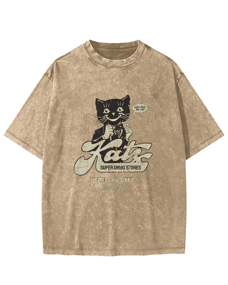 Retro Cat Pattern Japanese Washed T-shirt-Zazasy