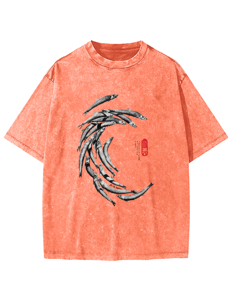 Japanese Fchool Of Fish Pattern Vintage Distressed T-shirt-Zazasy