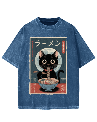 Black Cat Eating Ramen Vintage Washed T-shirt