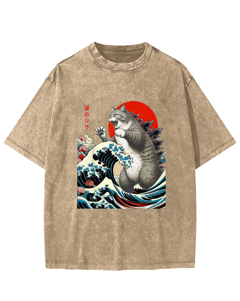 Catzilla Cat Japanese Art Vintage Distressed T-shirt-Zazasy