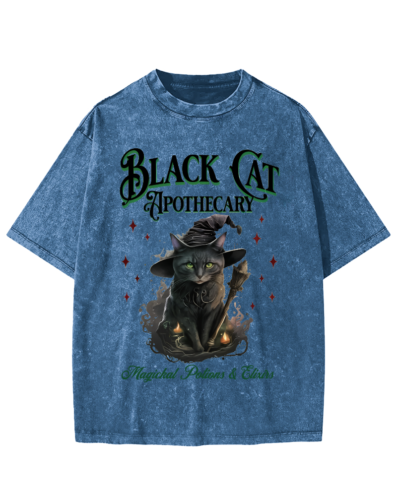 Black Cat Vintage Washed T-shirt-Zazasy