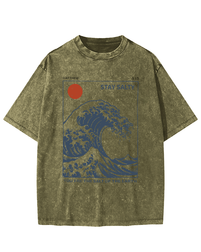 The Sunrise Scenery of Waves in Tokyo Vintage Washed T-shirt-Zazasy